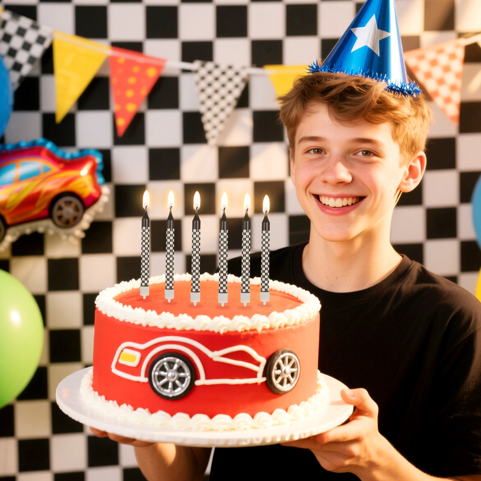 WickAuraMJ Racing Cars Themed Birthday Candle Set, Black and White Checkered Flag Number Candles with Happy Birthday Cake Topper, Party Decorations for Boys