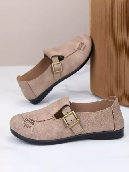 Classic Khaki Beige Buckle Flats &ndash; Everyday Comfort Shoes