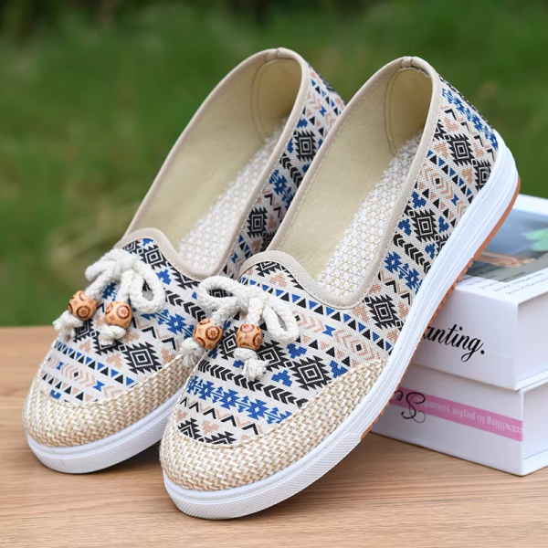 Ethnic Style Canvas Casual Shoes for Women &ndash; Summer Breathable, Comfortable Slip-On Flats with Woven Rope Knot and Wooden Bead Decoration